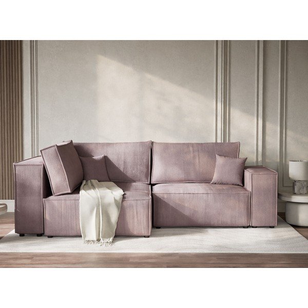 Divano angolare viola allungabile/con contenitore (con penisola a sinistra/a L) con rivestimento in velluto a coste Tonga – Maison de Rêve-image-1