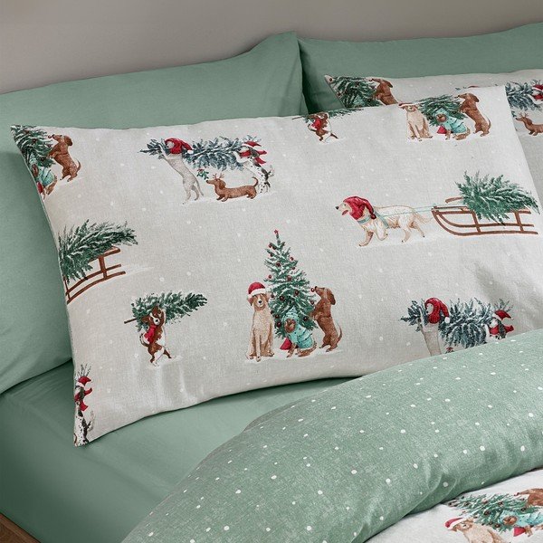Set copripiumino e federa verde/di colore naturale in flanella per letto matrimoniale 200x200 cm Brushed Christmas Dogs – Catherine Lansfield-image-3