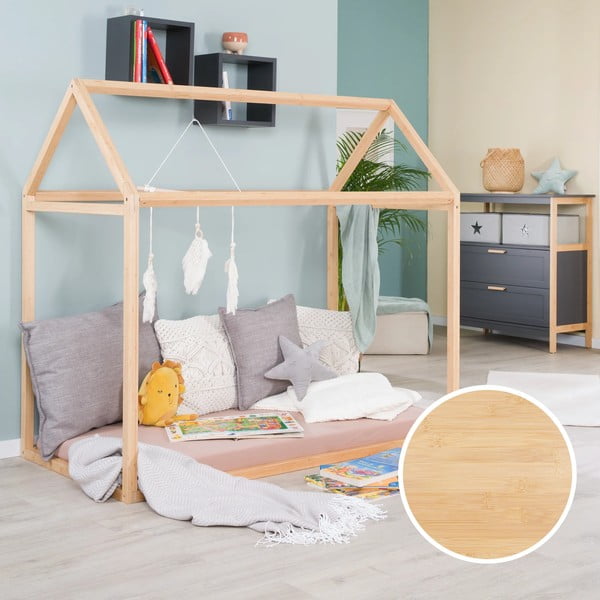 Letto da bambini a forma di casa di colore naturale in bambù con materasso incluso e rete non inclusa 70x140 cm House Bed – Roba-image-1