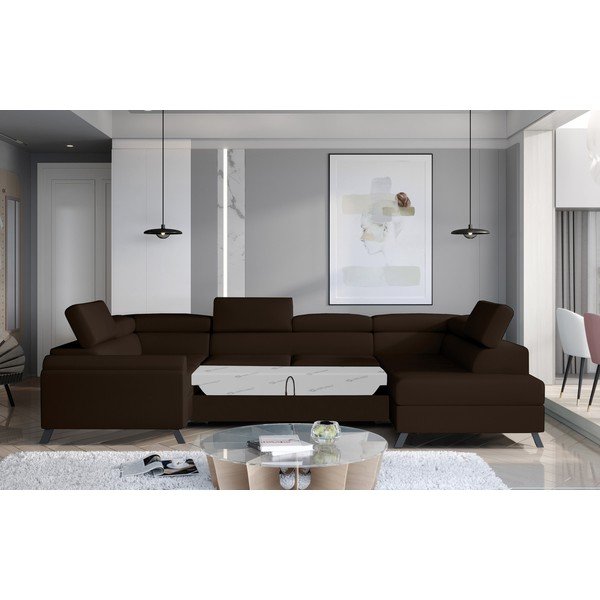 Divano angolare marrone scuro allungabile/con contenitore (con penisola a destra/a U) e rivestimento in velluto Escada – ELTAP-image-2