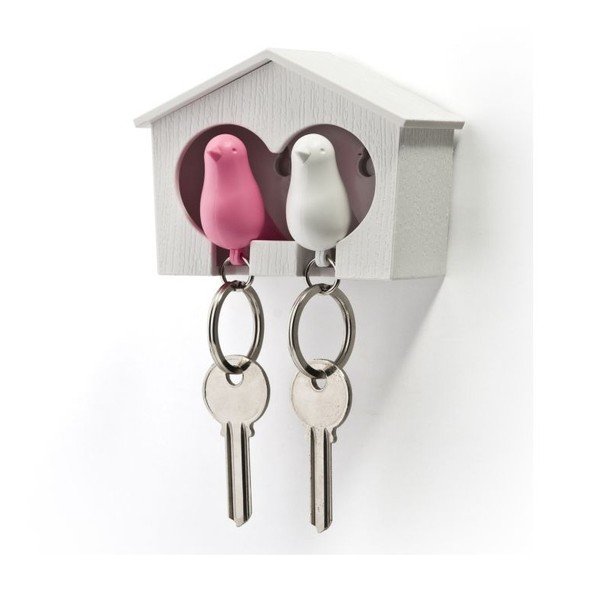 Portachiavi bianco con portachiavi Duo Sparrow bianco e rosa - Qualy