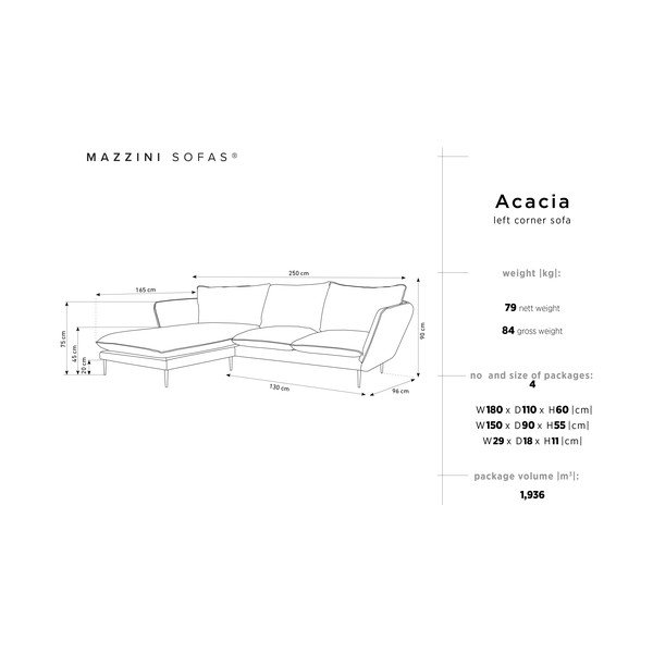 Divano angolare in velluto grigio chiaro Acacia, angolo sinistro - Mazzini Sofas-image-3