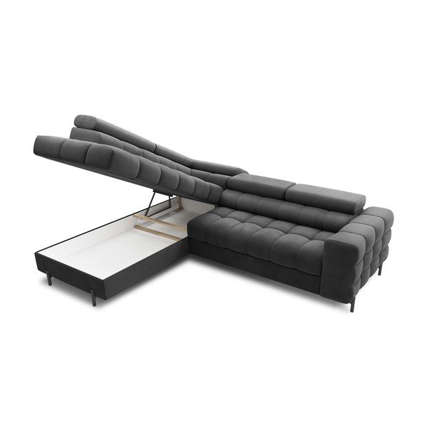 Divano angolare grigio scuro allungabile/con contenitore (con penisola a sinistra/a L) e rivestimento in velluto Ferucce – ELTAP-image-4