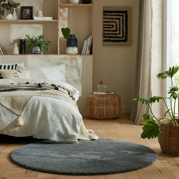 Tappeto rotondo lavabile grigio scuro in fibre riciclate 180x180 cm Fluffy - Flair Rugs-image-1