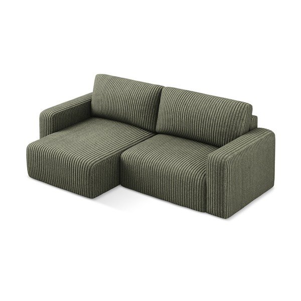 Divano angolare verde allungabile/con contenitore (con penisola a sinistra/con chaise lounge) con rivestimento in velluto a coste Kona – Makamii-image-3