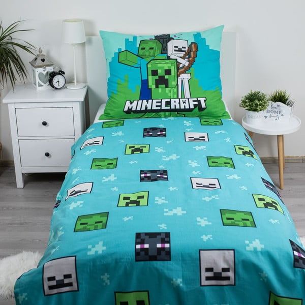 Set copripiumino e federa da bambini verde/blu in cotone per letto singolo 140x200 cm Minecraft "Mobs Here" – Jerry Fabrics-image-2