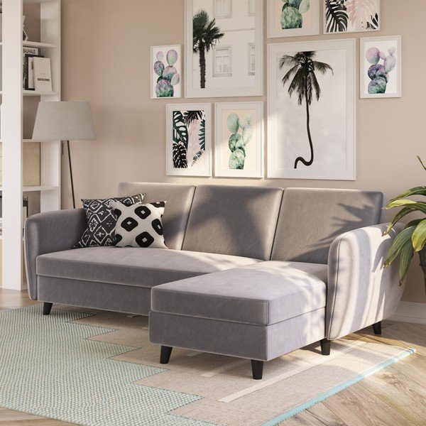 Divano letto angolare in velluto grigio Perry - Støraa-image-4