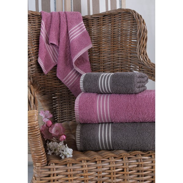 Set di asciugamani per viso e corpo rosa e color antracite in cotone 4 pz – Mila Home-image-1
