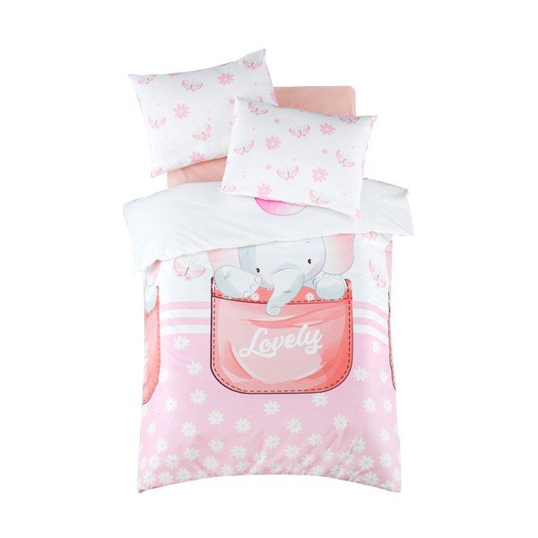 Set copripiumino e federa da bambini bianco/rosa in cotone renforcé per culla con lenzuolo incluso/4 pezzi 100x150 cm Lovely – Mijolnir
