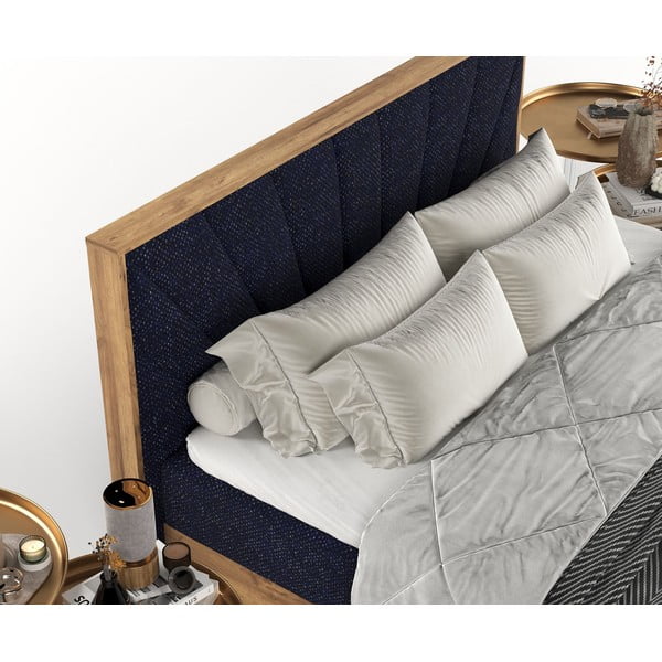 Letto boxspring con contenitore in blu scuro-naturale 200x200 cm Asahi - Maison de Rêve-image-1