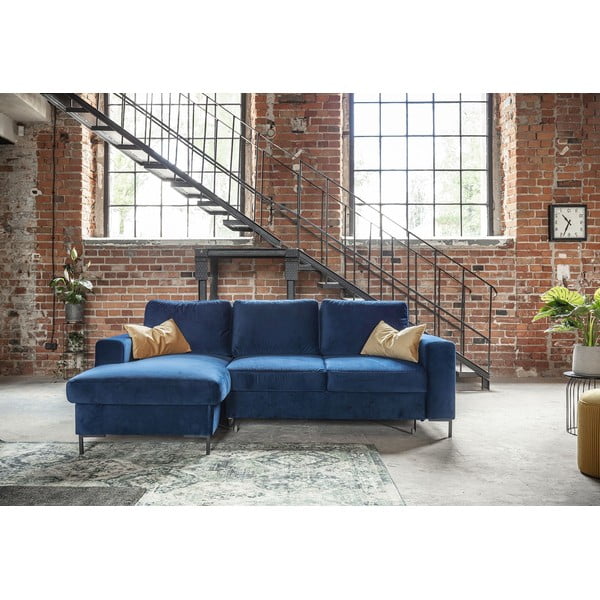 Divano letto angolare in velluto blu navy, angolo sinistro Lofty Lilly - Miuform-image-1