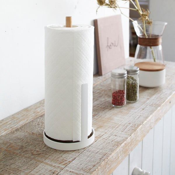 Porta rotolo di carta bianca con dettaglio in faggio Tosca - YAMAZAKI-image-3