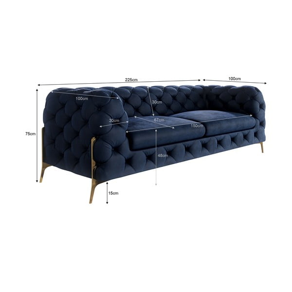 Divano blu scuro con rivestimento in velluto 225 cm Chelsea Bis – Ropez-image-4