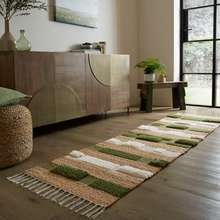 Passatoia verde/di colore naturale in misto iuta tessuta a mano 60x230 cm Medina Blocks – Flair Rugs