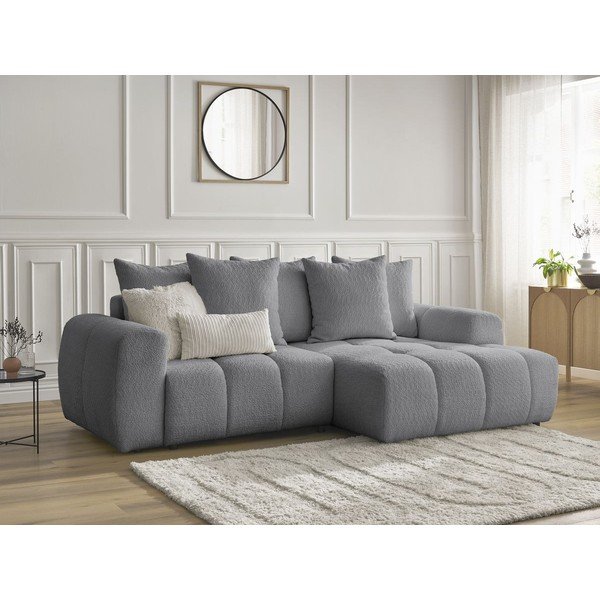 Divano angolare grigio allungabile/con contenitore (con penisola a destra/con chaise lounge) con rivestimento in bouclé Roxelane – Bobochic Paris-image-4