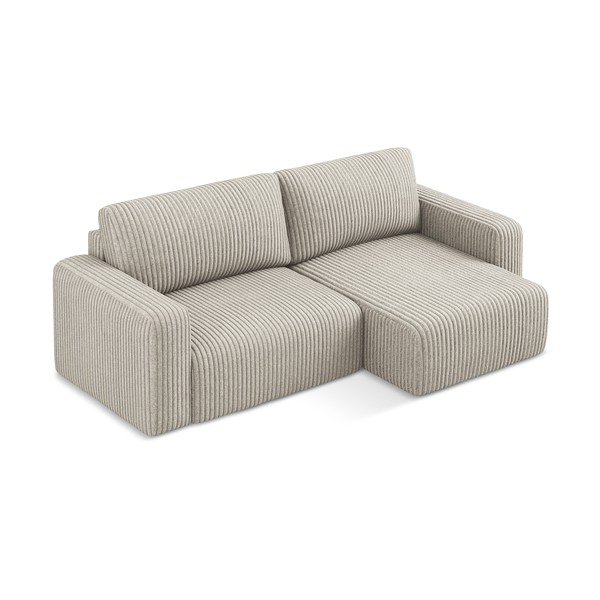 Divano angolare beige allungabile/con contenitore (con penisola a destra/con chaise lounge) con rivestimento in velluto a coste Kona – Makamii-image-3