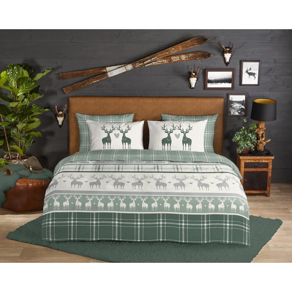 Set lenzuola letto matrimoniale in flanella verde-crema 200x220 cm Bjirk - Good Morning-image-1