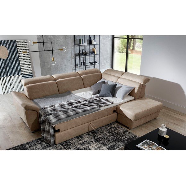 Divano angolare beige allungabile/con contenitore (con penisola a destra/a L) e rivestimento in velluto Loreto – ELTAP-image-4