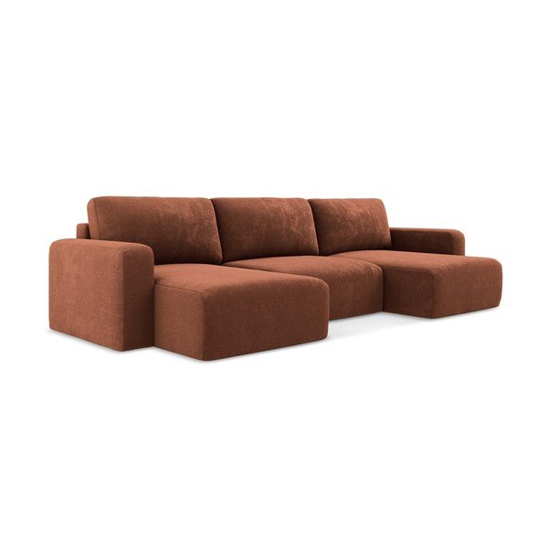 Divano angolare color terracotta allungabile/con contenitore (a U) con rivestimento in ciniglia Kona – Makamii-image-2