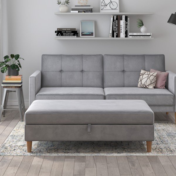 Poggiapiedi in velluto grigio chiaro Lilly - Støraa-image-1