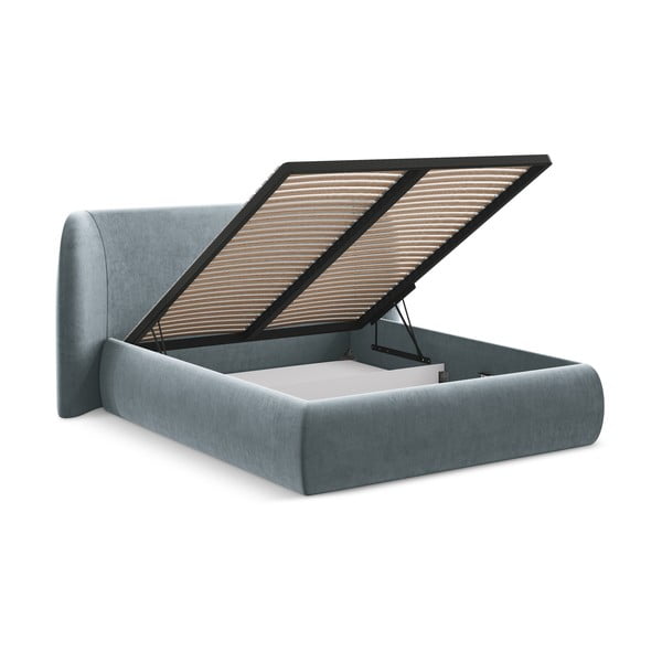 Letto matrimoniale imbottito azzurro con contenitore con griglia 140x200 cm Hauke - Makamii-image-3