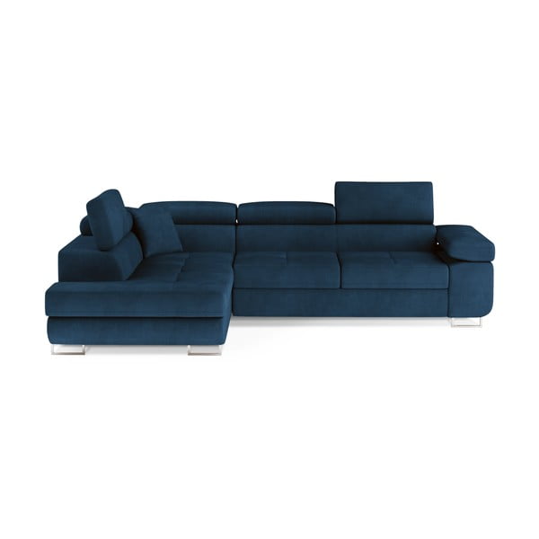 Divano angolare blu allungabile/con contenitore (con penisola a sinistra/a L) e rivestimento in velluto Anton – ELTAP