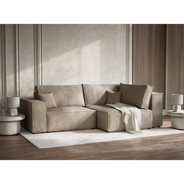 Divano angolare beige allungabile/con contenitore (con penisola a destra/a L) con rivestimento in velluto a coste Tonga – Maison de Rêve-image-4