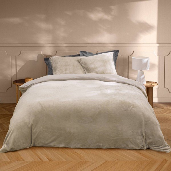 Set copripiumino e federa beige in microflanella per letto matrimoniale/per letto esteso 3 pezzi 240x220 cm Flanou – douceur d'intérieur-image-1