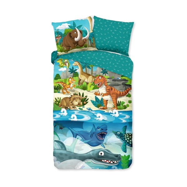 Set copripiumino e federa da bambini blu in cotone per letto singolo ed esteso 140x220 cm Prehistoric – Good Morning