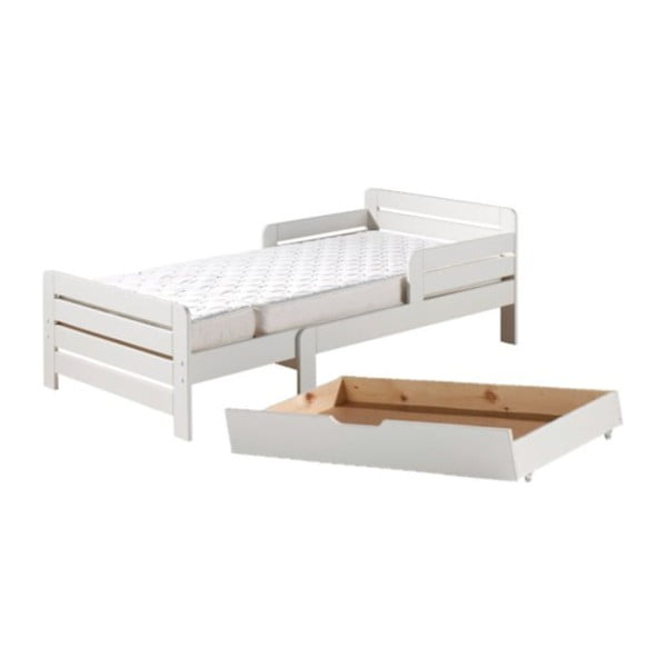 Letto da bambini regolabile bianco in pino massiccio con contenitore, materasso e rete inclusi Jumper - Vipack-image-2