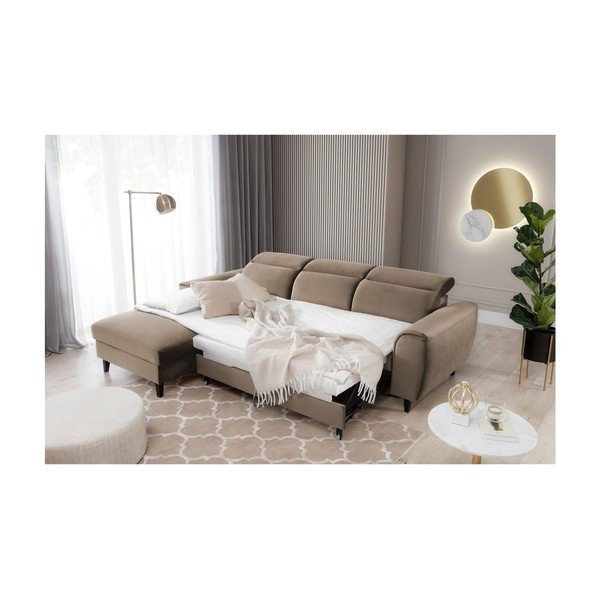 Divano angolare marrone chiaro allungabile/con contenitore (con penisola a sinistra/con chaise lounge) e rivestimento in velluto Foble – ELTAP-image-4