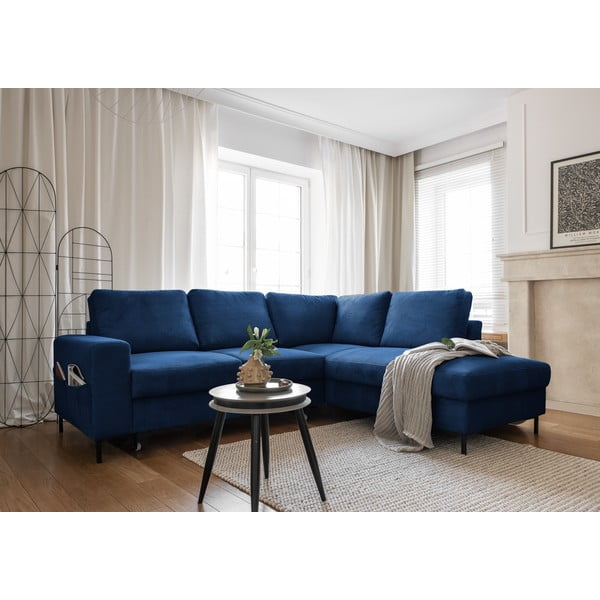 Divano letto angolare in velluto a coste blu scuro (angolo destro) Lofty Lilly - Miuform-image-4