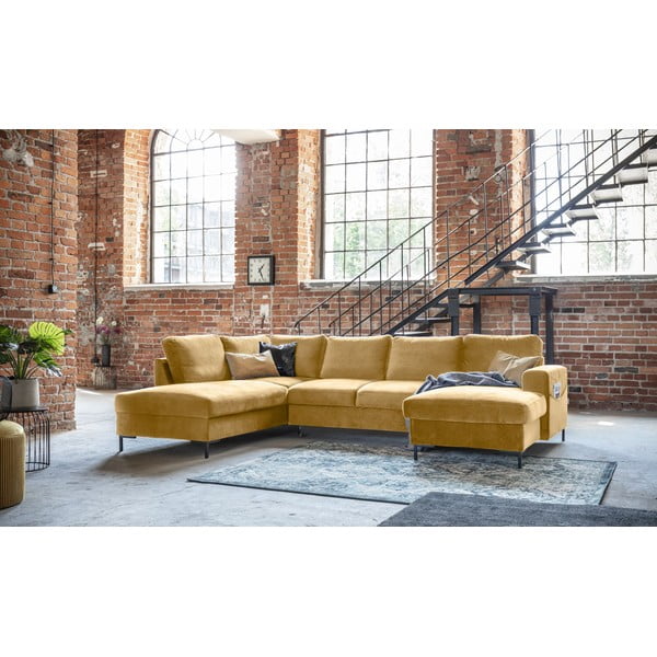 Divano letto a U in velluto giallo senape, angolo sinistro Lofty Lilly - Miuform-image-3