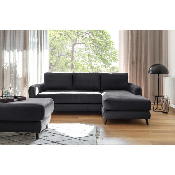 Divano angolare in velluto grigio scuro con poggiapiedi, angolo destro Cosy Claire - Miuform-image-1
