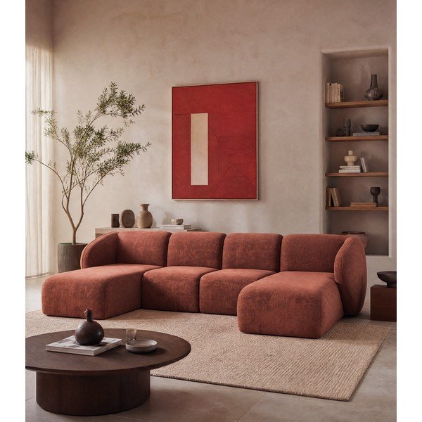 Divano angolare color terracotta (a U) con rivestimento in ciniglia Lani – Makamii-image-1