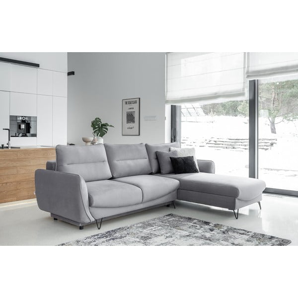 Divano angolare grigio chiaro allungabile/con contenitore (con penisola a destra/con chaise lounge) e rivestimento in velluto Silva – ELTAP-image-1