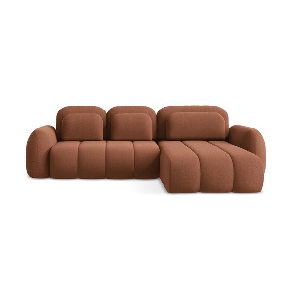 Divano angolare color terracotta allungabile/con contenitore (con penisola a destra/con chaise lounge) con rivestimento in bouclé Pele – Makamii