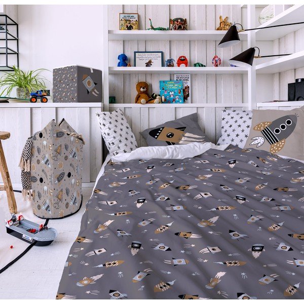Biancheria da letto per bambini in cotone sateen grigio, 100 x 130 cm Cosmos - Butter Kings-image-1