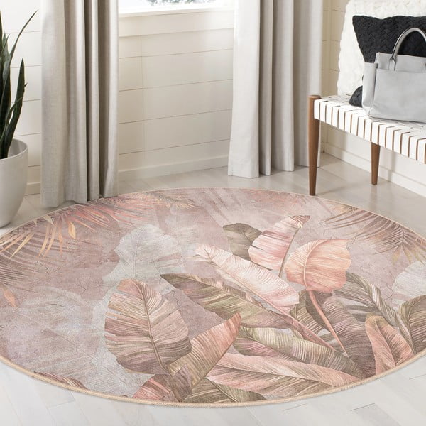 Tappeto rotondo in rosa chiaro lavabile ø 120 cm Dusty Leaves – Mila Home-image-3