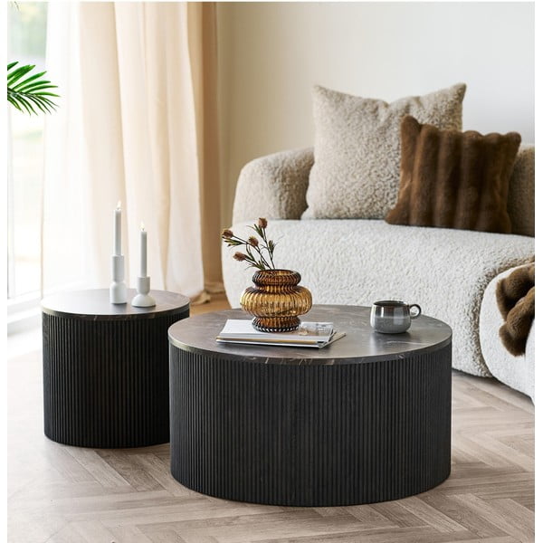 Tavolino da salotto rotondo marrone scuro con piano effetto marmo ø 80 cm Rota – House Nordic-image-1