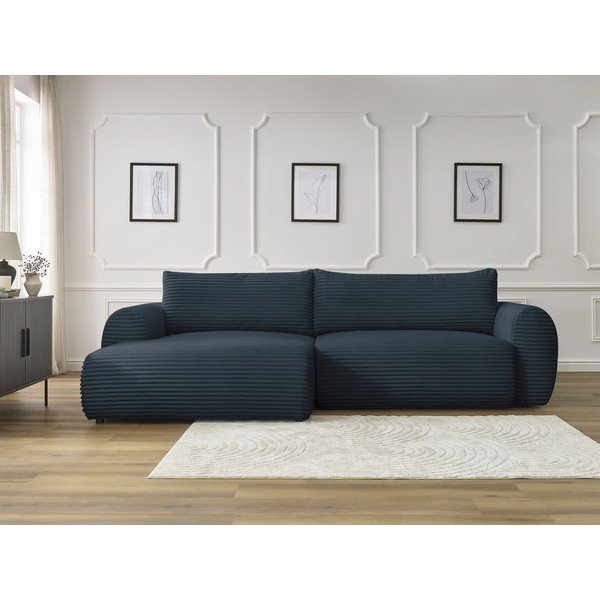 Divano angolare in blu scuro allungabile (con penisola a sinistra) con rivestimento in velluto a coste Lucien – Bobochic Paris-image-1