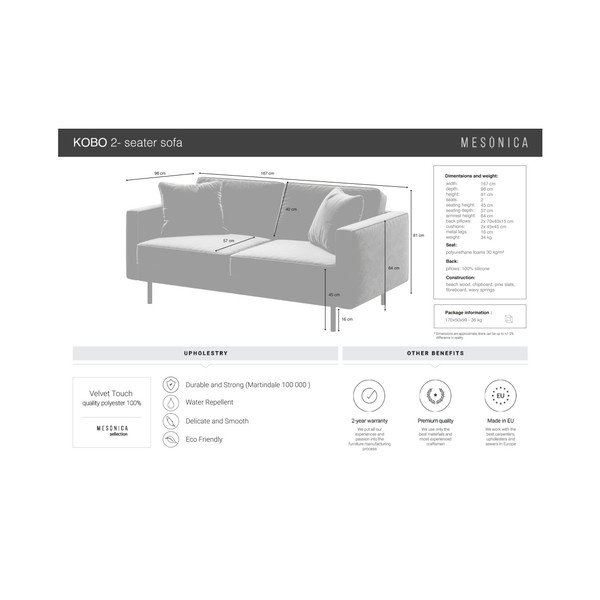 Divano in velluto blu 167 cm Kobo - MESONICA-image-4