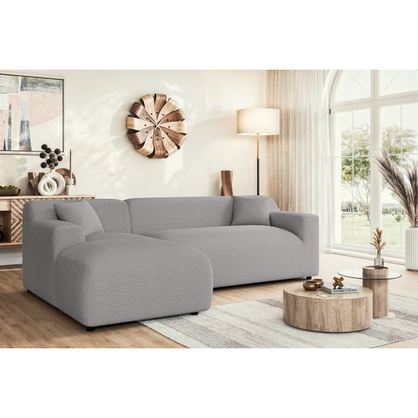 Divano angolare grigio chiaro (con penisola a sinistra e chaise lounge) rivestito in velluto a coste Martin – Ropez-image-1