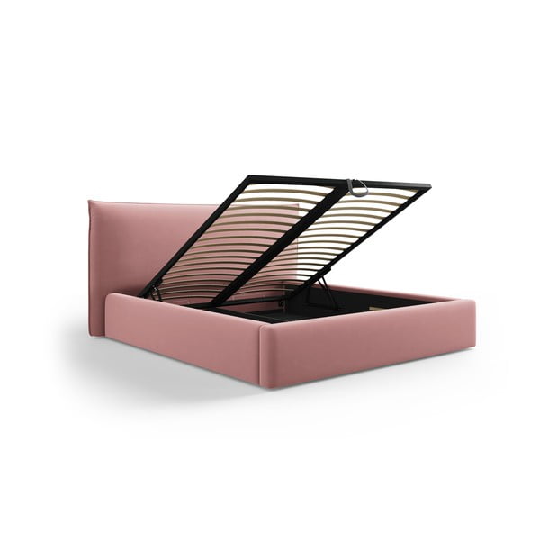 Letto matrimoniale imbottito rosa con contenitore e doghe 140x200 cm Elio - Milo Casa-image-2