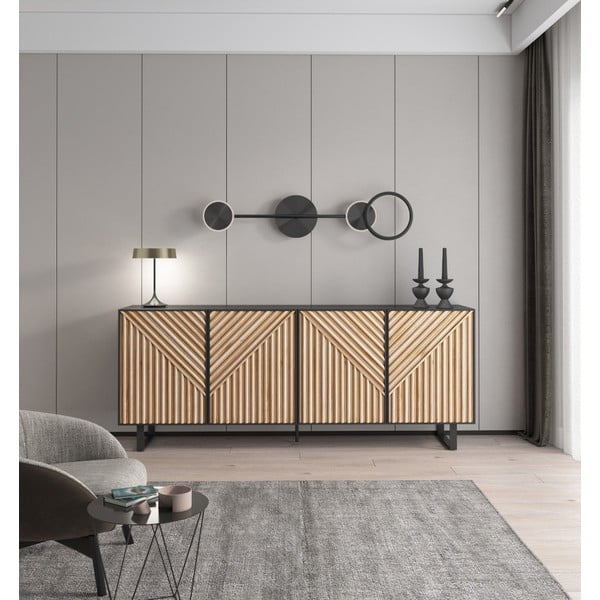 Cassettiera effetto rovere in nero-naturale 201x80x40 cm Alana - Marckeric-image-1