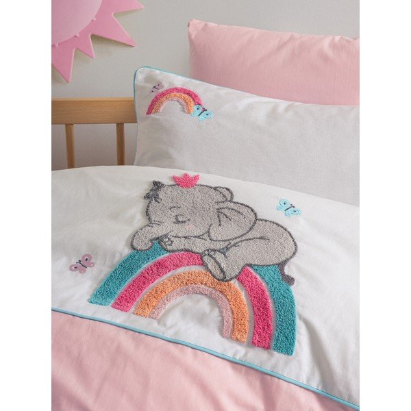 Set copripiumino e federa da bambini bianco/rosa in cotone per culla con lenzuolo incluso/4 pezzi 100x150 cm Lucky – Mijolnir-image-2