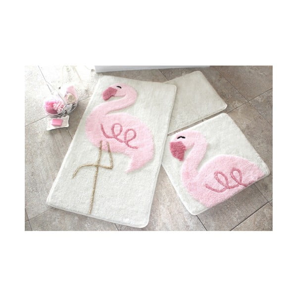 Set di 3 tappetini da bagno bianchi e rosa Chilai Home di Alessia Flamingo - Foutastic