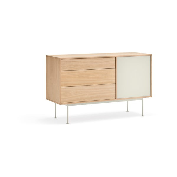 Cassettiera bianco crema con impiallacciatura in rovere, larghezza 128 cm Yoko - Teulat-image-2