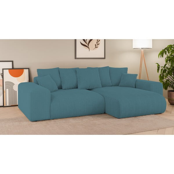 Divano angolare turchese allungabile/con contenitore con rivestimento in velluto a coste Luma – Ropez-image-1