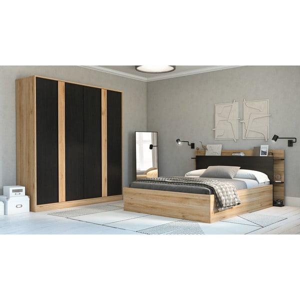 Armadio effetto rovere con decoro nero-naturale 180x197,5x53 cm Dennis - Marckeric-image-1